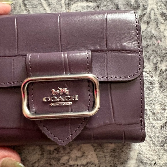Coach Purple Croc-Embossed Leather Flap Wallet with Silver Buckle - Picture 2 of 4